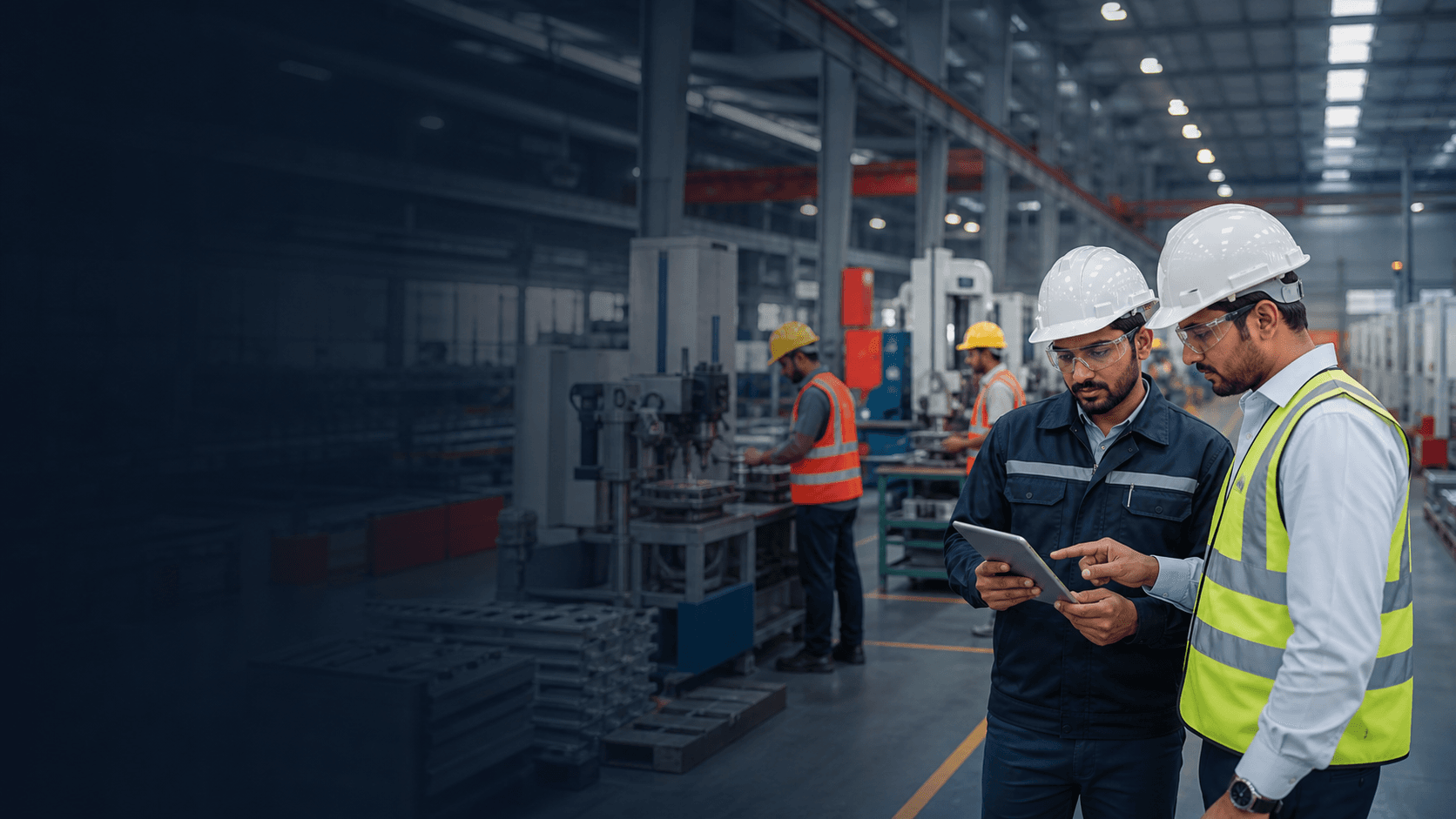 Industrial workforce supervisors inside a modern manufacturing facility